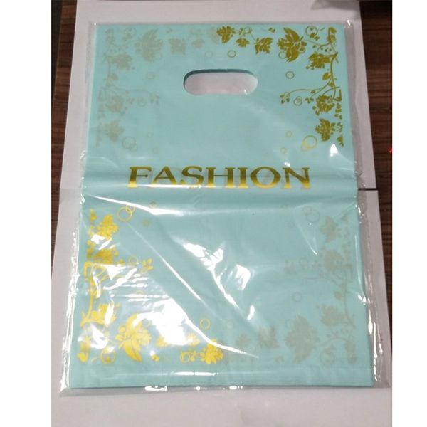 

50pcs 25*35cm gold flowers design blue plastic gift bag clothing boutique packaging bags big plastic shopping bags with handles