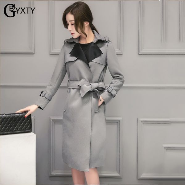 

gbyxty plus size 3xl vintage suede leather trench coat 2019 spring women pocket sash long trench femme casual windbreaker za1396, Tan;black
