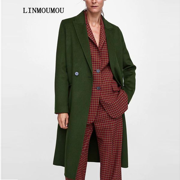 

autumn and winter new women's coat woolen lapel solid color coat double-breasted pocket decorative loose, Black