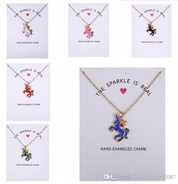 

2017 new dogeared necklace with card rainbow unicorn colored glaze horses pendant noble and delicate silver choker valentine day gift