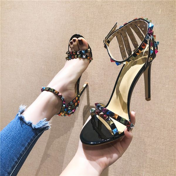 

high-heeled shoes rivet thin heel with toe sandals female summer 2020, Black