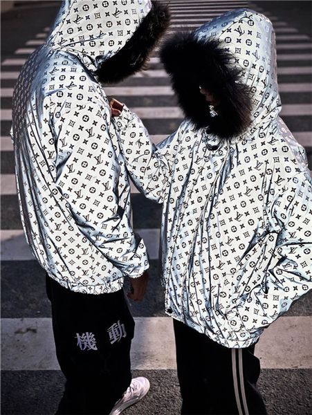 

19fw luxurious brands design full logos print 3m reflective fur collar hooded winterbreaker coat men women outdoor sweatshirt jackets, Gray;blue