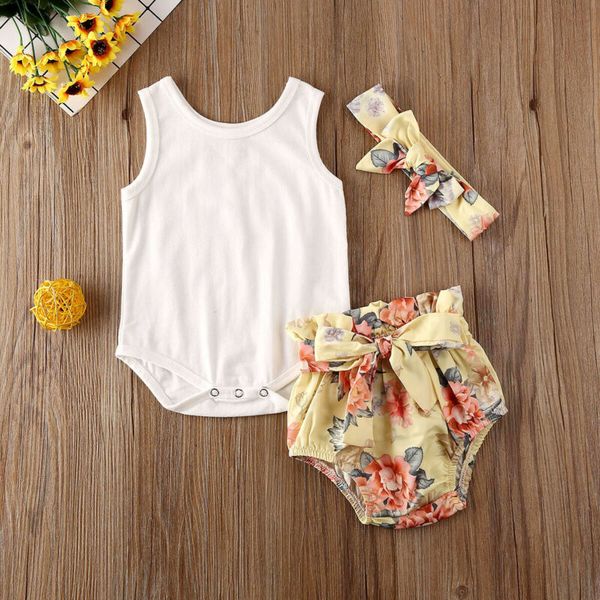 

3шт детская летняя одежда младенческая девочка без рукавов комбинезон комбинезон pp цветочные шорты наряд оголовье одежда горячая, White