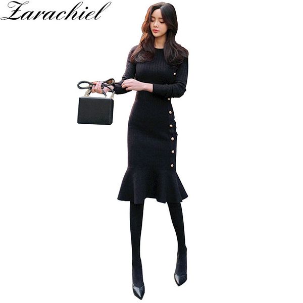 

women bottom knitted black sweater dress winter long sleeve thicken elegant slim skinny sheath bodycon knee mermaid dress, Black;gray