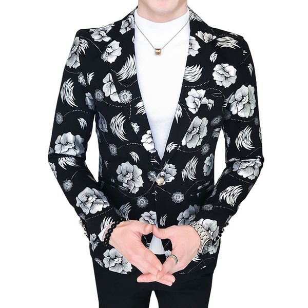 

2020 autumn new flower print mens jacket suit slim fit leisure coat blazer suit male party stage formal jacket outerwear, White;black