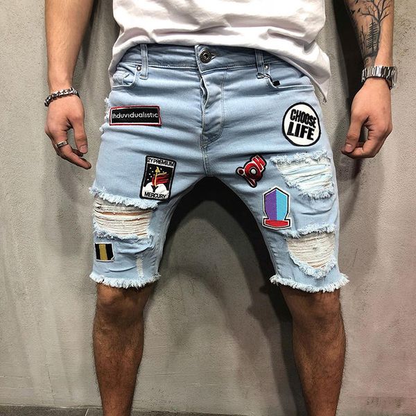 New Mens Stylist Denim Shorts Summer Zipper Hole Slim Pants Hip Hop Jeans Blue