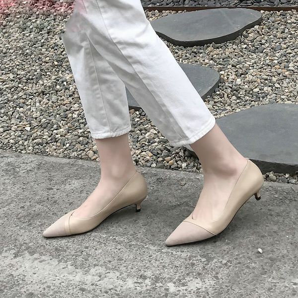 

2019 women pumps cow leather+kid suede pointed toe low heel basic slip on comfortable casual concise shoes, Black