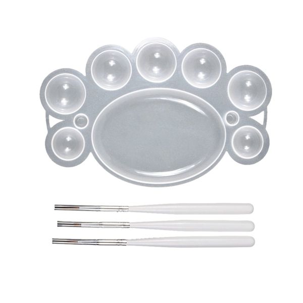 

dish paint palette plate with 3pcs white nail brush pens, Silver