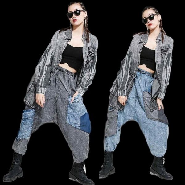 

elastic waist stitching washed harem pants women hip hop jeans baggy joggers harem denim pants low drop crotch loose jeans, Blue