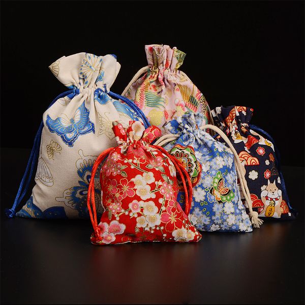 New Butterfly Crane Pattern Pouch Piccolo sacchetto regalo di Natale con coulisse Sacchetti bomboniere per matrimoni Sacchetti per gioielli in lino di cotone 10x13cm 4 pezzi / lotto