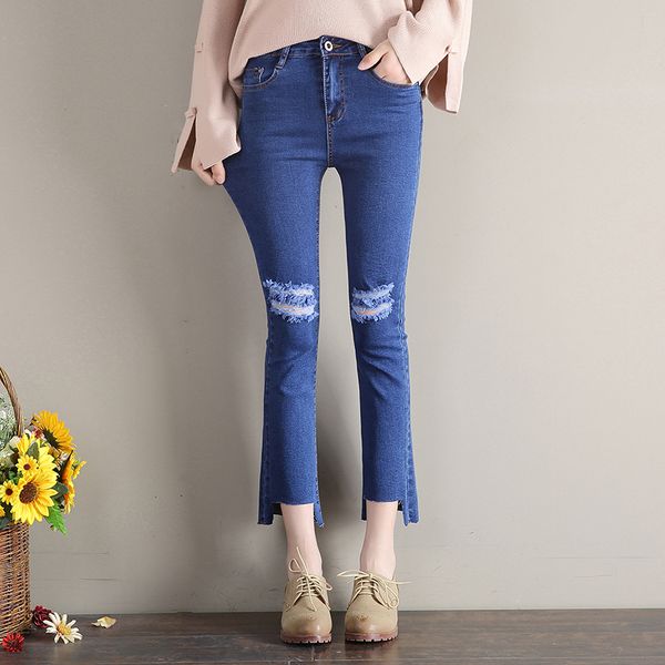 

autumn models new denim cropped pants women's hole micro-la cropped pants, Blue