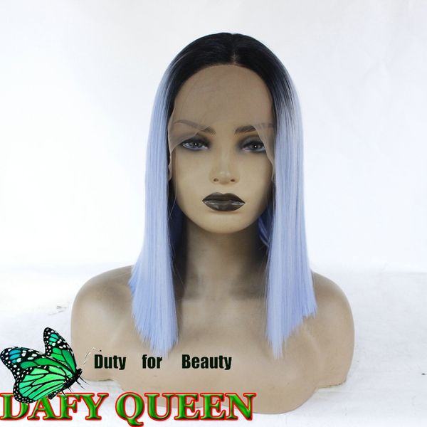 Short Bob Cut Lace Wig Ombre Light Purple Synthetic Heat Resistant