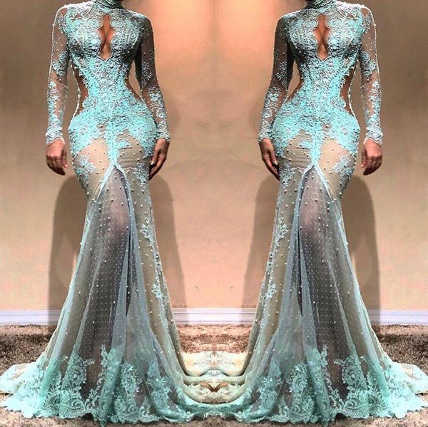 

mint green full lace prom dress high slit evening dress beaded sheer lace party mermiad dresses custom made, Black