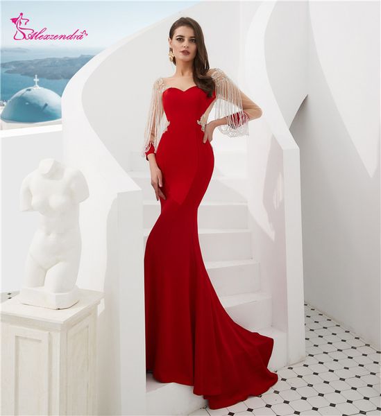 

red mermaid formal evening dress with 3/4 long sleeves tassel scoop neck beads crystals illusion back vestido de festa long prom gowns, Black;red