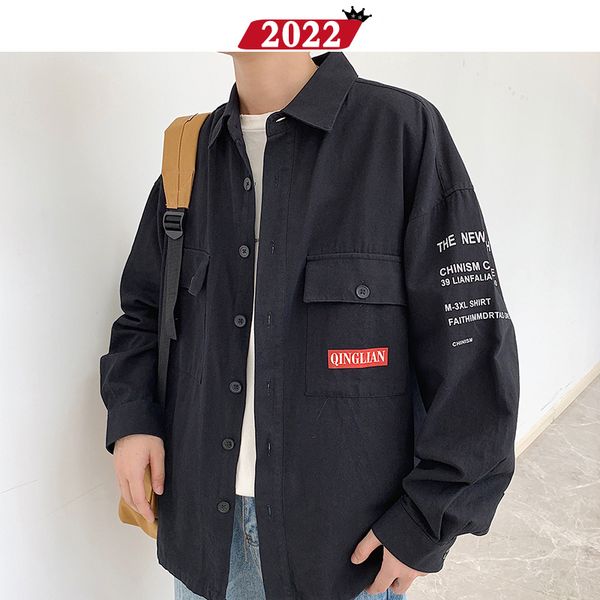 

2022 men streetwear harajuku cargo shirts 2019 hip hop men button up shirt long sleeve couple black vintage fall shirts, White;black
