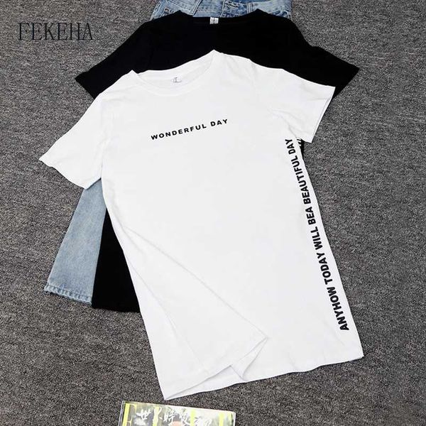 

fekeha summer t-shirt women side split long t shirt women 2020 new letter print black white cotton harajuku