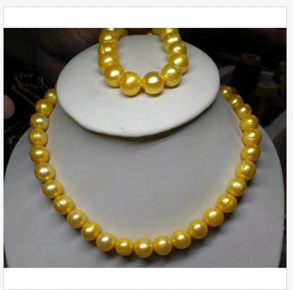 

huge 11-13mm south sea genuine golden pearl necklace + bracelet 14k gold claspp, Silver
