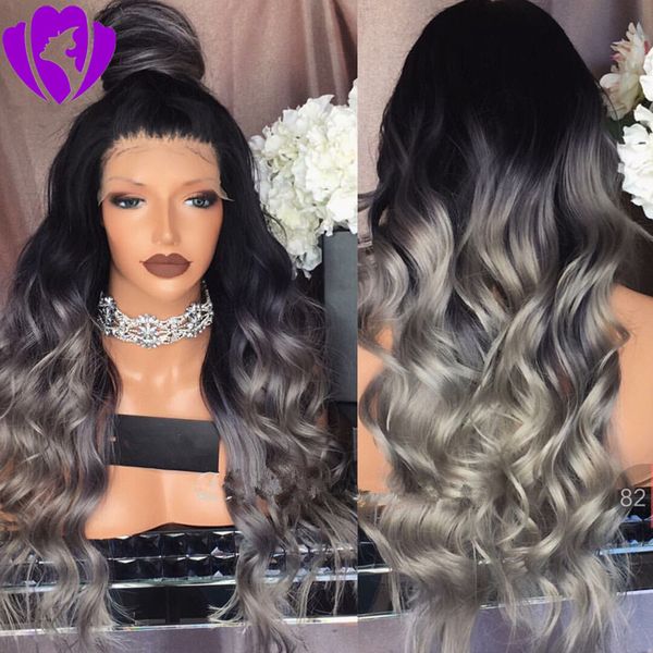 

ombre grey synthetic lace front wig with baby hair 180 platinum body wave heat resistant wigs for black women