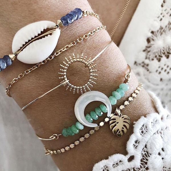 

alyxuy 5pcs/set boho women's bangle crystal beads leaves white shell moon bracelets set charm party wedding jewelry accessories, Black