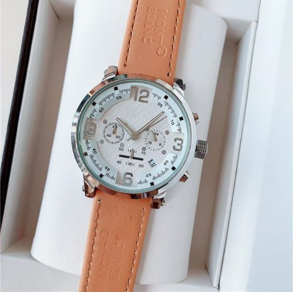 

45мм дизайн тенденция мультифункциональный мужские часы моды бренд автоматический календарь кожаный ремешок мужские кварцевые часы, Slivery;brown