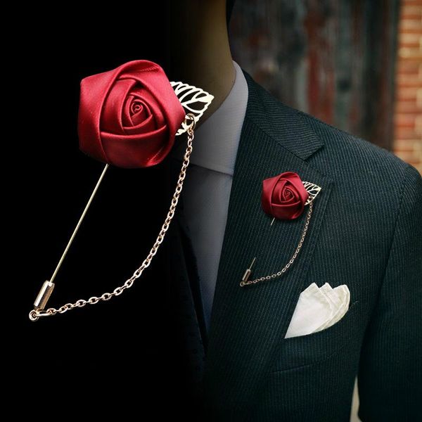 

rose leaf fabric flower simple chain pins brooches men's suit collar lapel brooch pin men wedding banquet korean fashion jewelry gjegp