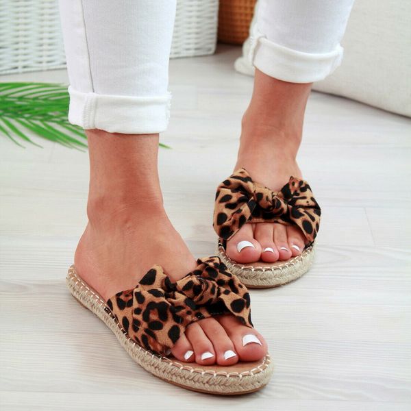 

women leopard slippers 2020 bow slides platform women's summer slip on footwear ladies fashion flats female casual beach shoes, Black