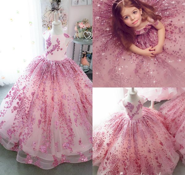 

new bling little girls pageant dresses lace sequins cap sleeve ball gown flower girl dress for wedding kids formal birthday party gowns, White;blue