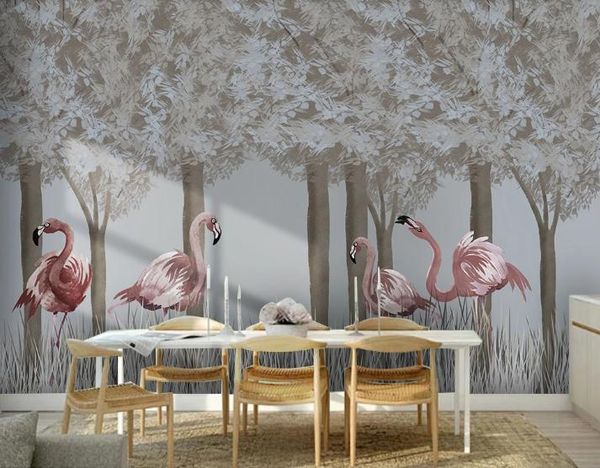 Handgemalte Waldflamingo-TV-Sofa-Fototapeten für Wand 3 d Wohnzimmer Schlafzimmer Geschäft Bar Café Wände Wandbilder Rolle Papel De Parede