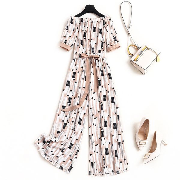 

2020 summer fashion fresh women off shoulder slash neck lacing belt bow tie one-piece printed chiffon rompers womens jumpsuit, Black;white