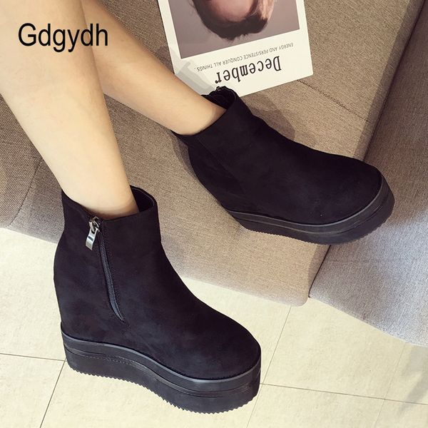 

gdgydh fashion wedges platform women shoes autumn ankle boots height increasing high heels suede casual shoes rubber sole 2018, Black