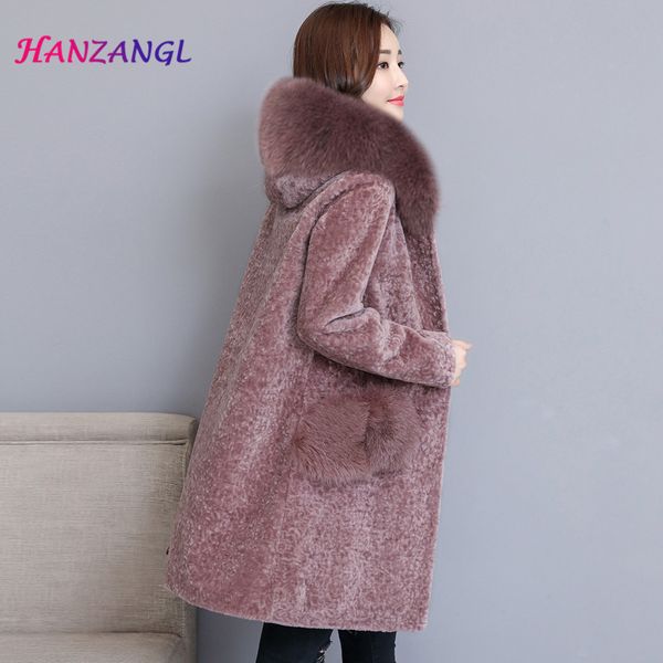 

hanzangl sheep shearing coat female 2018 winter women's fur coats faux fur coat fashion slim hooded cashmere overcoat m-4xl, Black