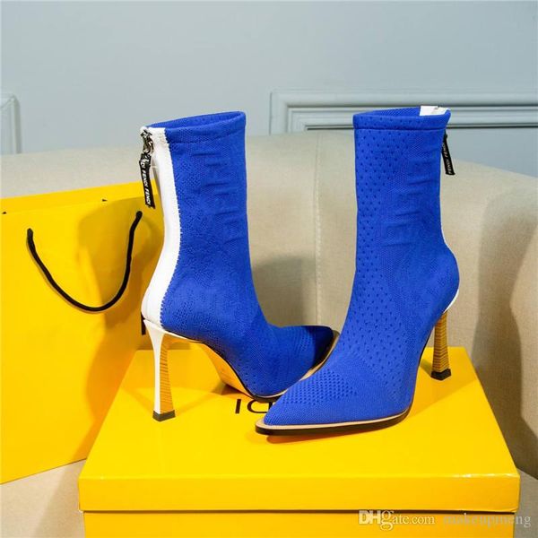 

2019fendi ff frame boots high heel shoes jacquard knit and leather ankle boots in blue with original box, Blue;gray
