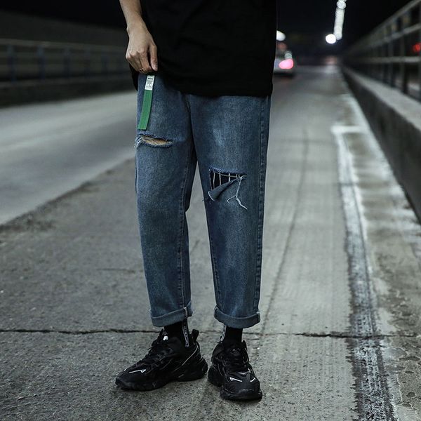 

2020 весной и летом новый молодежный популярный мужской сплошной цвет hole сыпучие большой размер джинсы мода повседневная брюки прямые голу, Blue