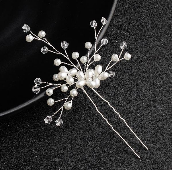 

european and american bridal temperament fork pink pearl crystal handmade hairpin banquet dress wedding dress headdress matching, Slivery;golden