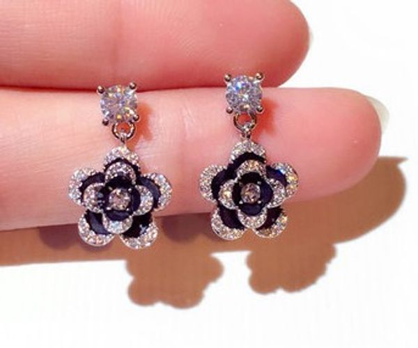 

lovely diamond zircon flower pendant stud earrings for woman girls super glittering ins fashion luxury designer, Golden;silver