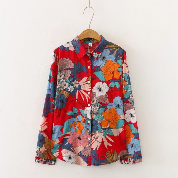 

women's blouses & shirts women vintage cartoon floral printed shirt fashion single-breasted long sleeve lapel blouse loose korean shir, White