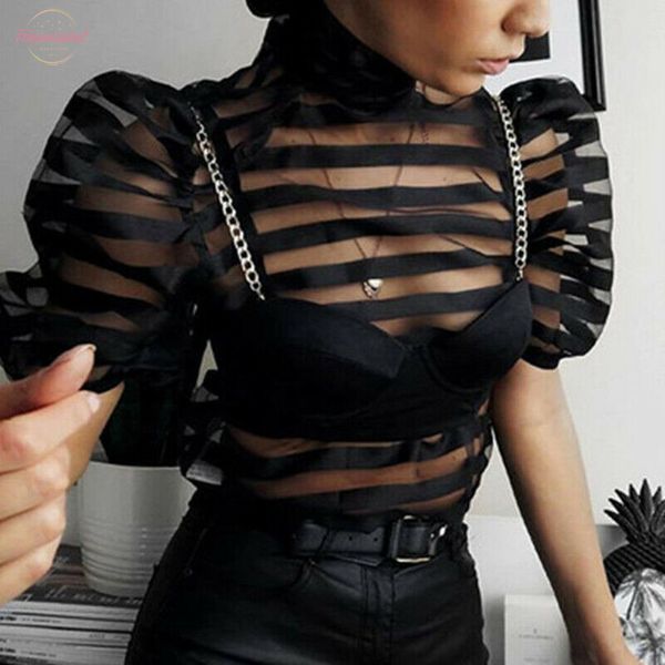

striped sheer back bow short sleeve blouse women summer fashion party club evening streetwear polyester shirt, White