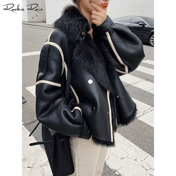 

new women's genuine leather jacket sheepskin shearling coat real fur overcoat, Black