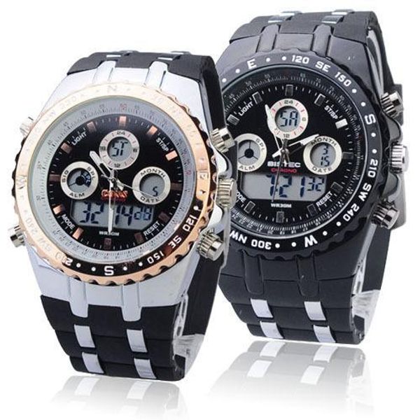 

wholesale-digital analog waterproof sport dual time watch with satch week alarm calendar el backlight bistec, Slivery;brown