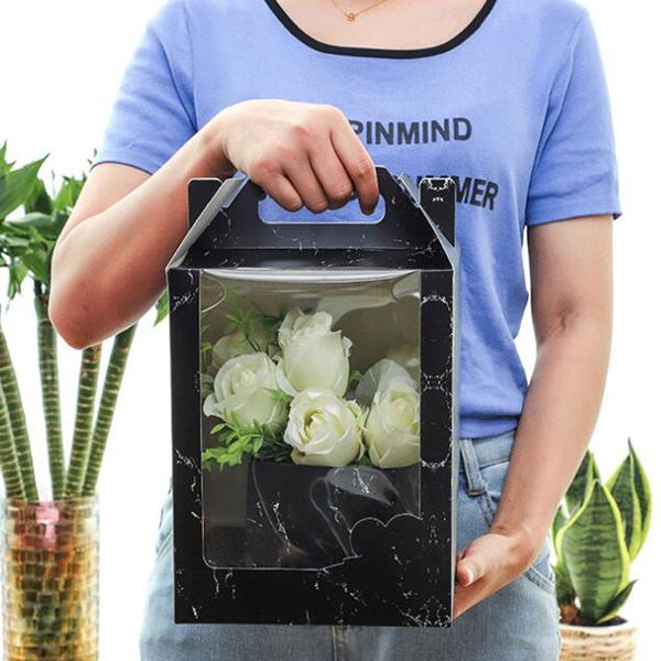 19cmx19cmx30cm Contenitore di regalo trasparente del fiore della finestra, scatola di imballaggio del fiore di San Valentino, commercio all'ingrosso della fabbrica della borsa di carta LX2371