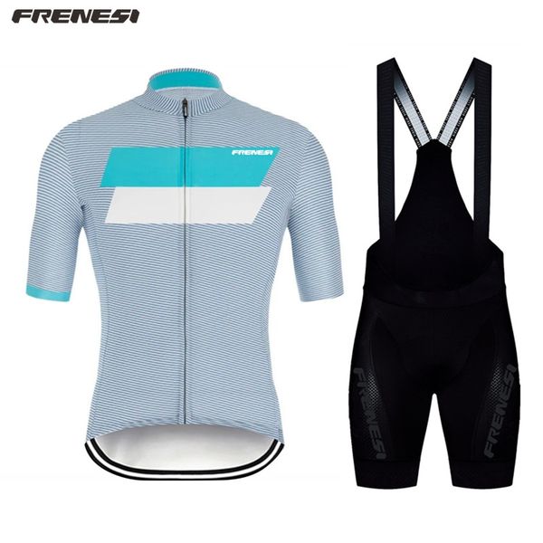 

racing sets 2021 frenesi cycling jersey men summer sleeve striped lycra fabric set ciclismo bicycle clothing bib gel shorts ropa hombre, Black;blue