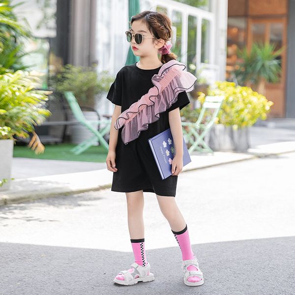 

2020 girls' summer short sleeve cotton medium length dress korean version middle and big children's loose casual dresses 6-8, Red;yellow