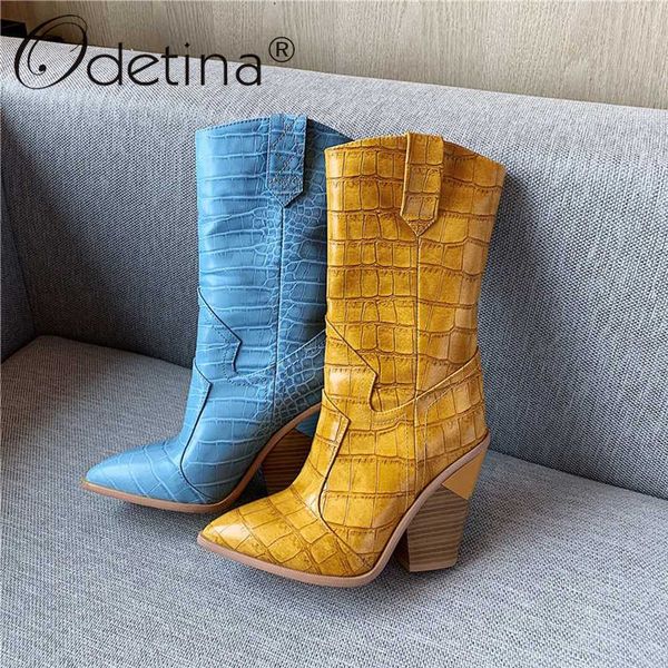 

odetina new fashion plaid microfiber leather women mid calf boots pointed toe western cowboy boots slip on strange high heels, Black