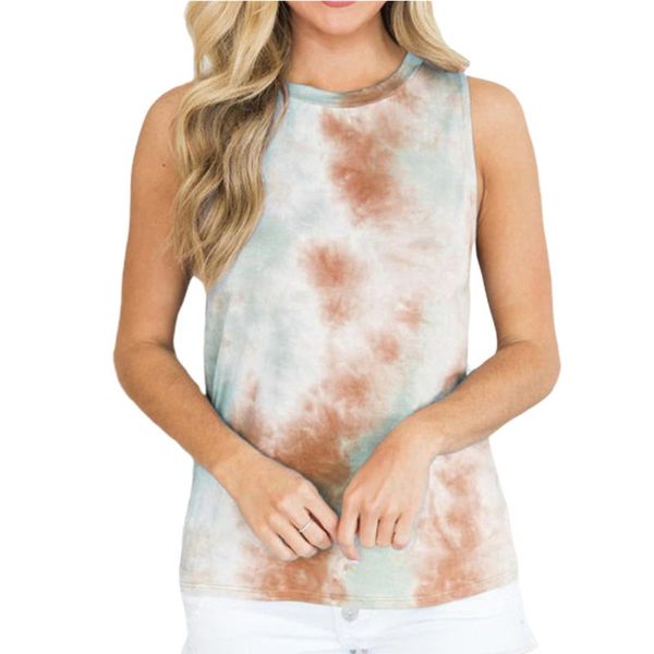 

fashion summer loose women tank office cotton blend sleeveless crew neck tie dye casual daily streetwear pullover printed, White