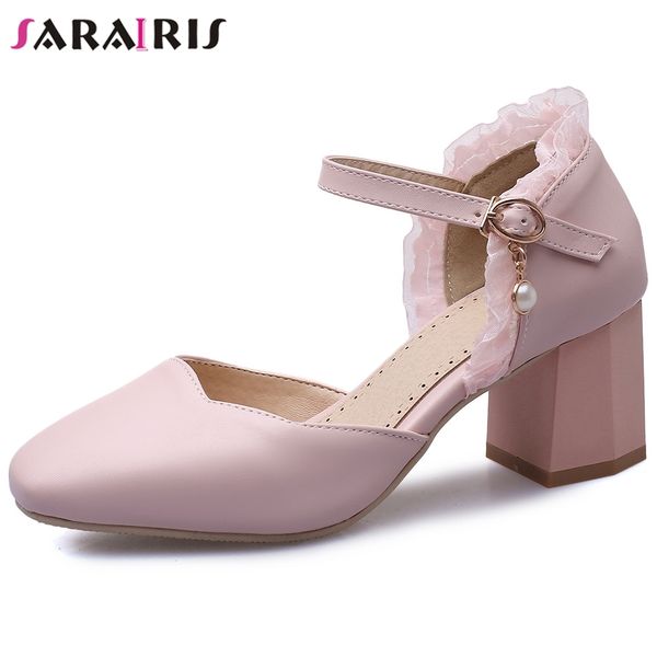 

sarairis sweet female lace buckle belt casual pumps high heels party wedding fashion pumps women shallow shoes woman, Black