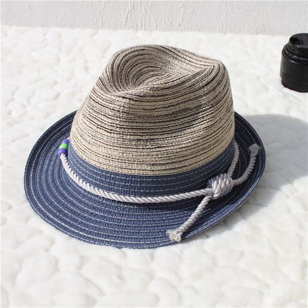 

summer jazz women straw hat beach men sun hat casual panama male cap rope patchwork striped straw visor cap gorras, Blue;gray