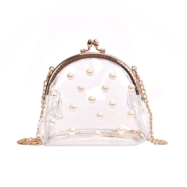 

fashion new transparent pearl lock chain bag female shoulder messenger bag women metal frame clear crossbody bolsa feminina
