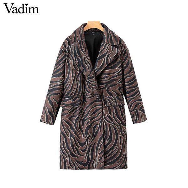 

vadim women zebra skin print long woolen coat pockets double breasted long sleeve warm outerwear animal pattern retro ca313, Black