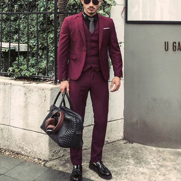 

burgundy evening party men suits for groom wear notched lapel three piece wedding groomsmen tuxedos (jacket + pants + vest, Black;gray