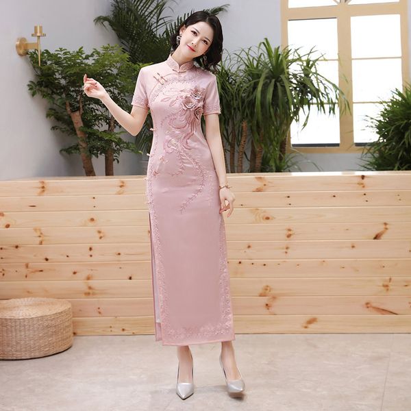 

ethnic clothing classic pink mandarin collar women qipao long chinese style dress slim prom dresses vintage button cheongsam vestidos, Red